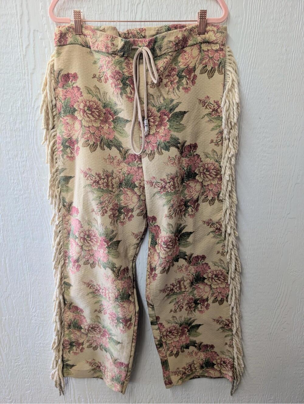 Floral Tapestry Fringe Flare Pants Western Cowgirl Festival Upcycle Size L/XL